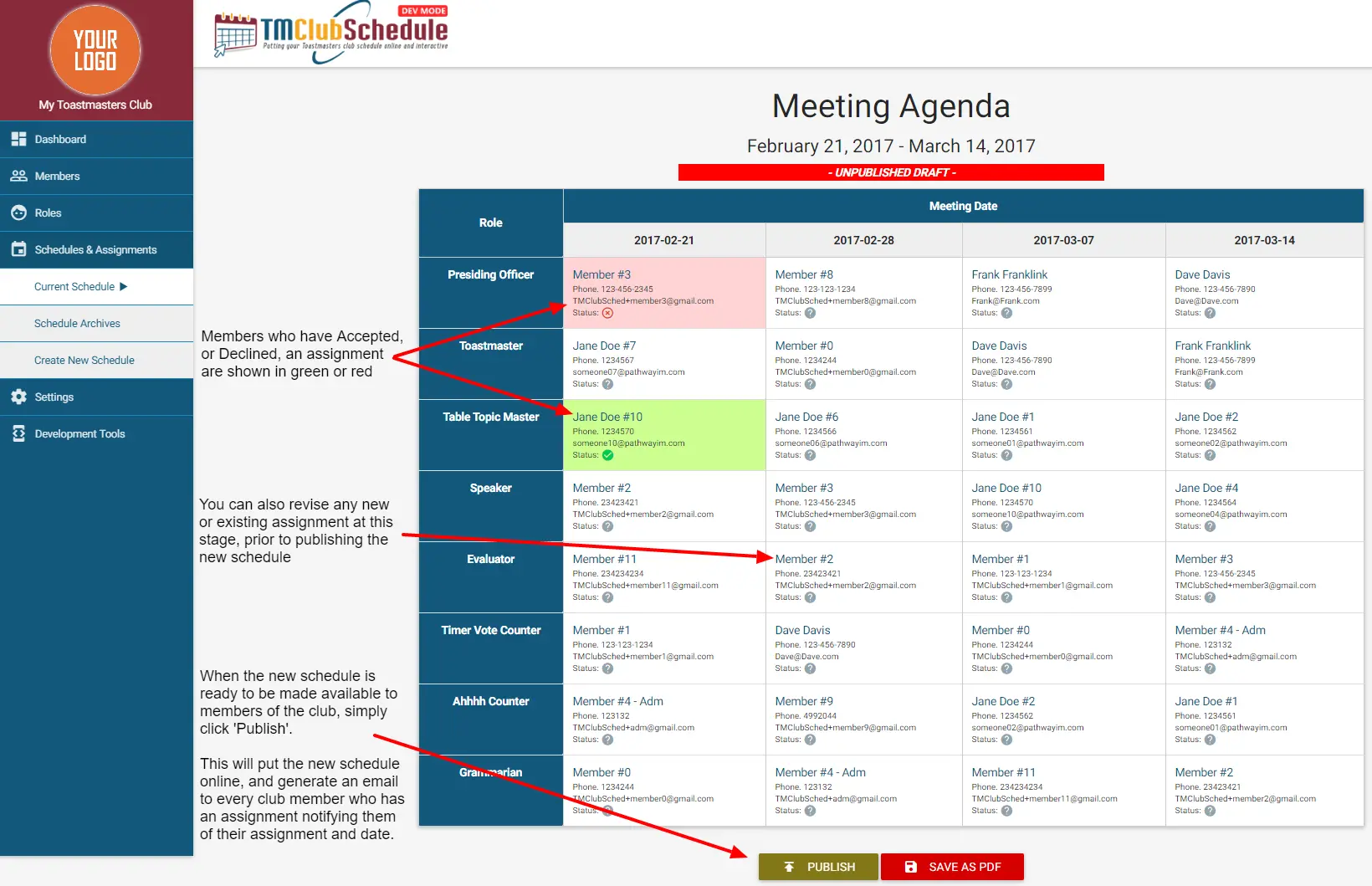 TMClubSchedule: Reviewing, Editing and Publishing Schedule
